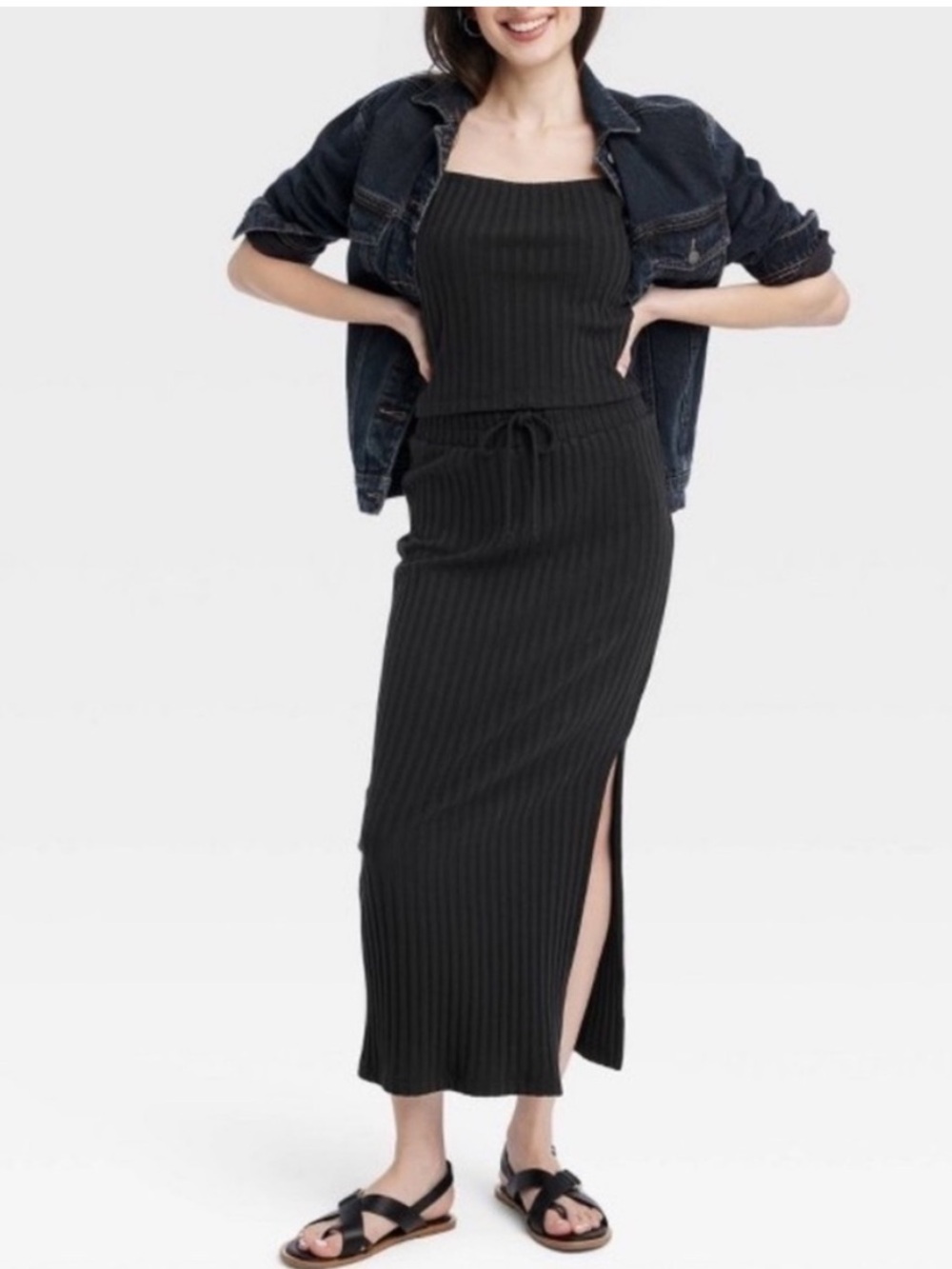Universal Thread Ribbed Black Maxi Skirt with Side Slit